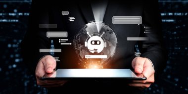 Yapay zeka sanal asistanı Chatbot ile yapay zeka konsepti ile insan etkileşimi, yapay zeka mühendisliği, LLM yapay zeka derin öğrenimi iş desteği için üretken yapay zeka kullanımı. FaaS