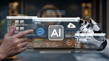 Bir insan ve robotik el, yenilikçi iş çözümleri için yapay zeka ve veri analizlerinin sergilendiği fütüristik dijital görüntülerle etkileşim halindedir. Auvana