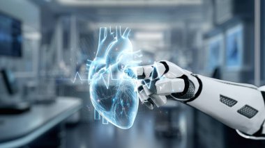 Bulanık laboratuvar geçmişi olan kalp hologramını gösteren robot eli kapat ve tıkırdat. Robot el kalp ikonuna tıklayarak semptomları analiz ediyor. Tıbbi teknoloji. Sağlıklı..