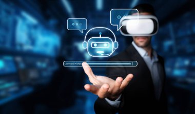 Bir kullanıcının yapay zeka sohbet robotuyla etkileşimini gösteren modern bir sanal gerçeklik sahnesi, yüksek teknolojili bir ortamda komut mühendisliğini gösteriyor. XDMCP