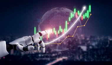 Bu resim, yükselen bir borsa grafiğini işaret eden robotik bir eli, büyümeyi ve finansal analitikteki teknolojik gelişmeleri sembolize ediyor. Etki