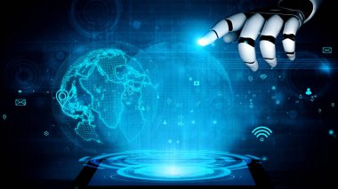 Fütürist bir ortamda gelişmiş teknoloji ve bilgi bağlantılarını gösteren, dijital bir küreye uzanan robotik elin canlı mavi bir temsili. Xenic