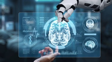 Robot ve insan elini uzatıyor ve parmağıyla beyin simgesini havada yüzdürüyor. Laboratuvar geçmişi bulanıklaşırken robot el ve insanın birlikte çalışmasını engelle. Sağlıklı..
