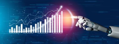 Bu resim, veri görselleştirme ve analizindeki teknolojik gelişmeleri sembolize eden dijital bir grafiği işaret eden fütürist bir robot eli gösteriyor. Etki