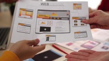 Mobil uygulama veya web sitesi için kullanıcı arayüzü prototipini ofisteki akıllı yöneticiye sunan mükemmel bir şirket çalışanı. UX UI tasarımcısı web sayfası simgesi tasarımı ve açıklamasını yapıyor. Sinerjik