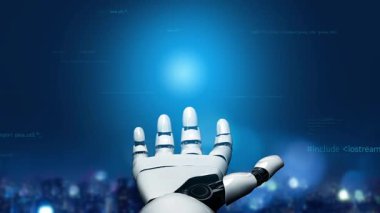 Fütürist bir robot el, hayatımızdaki teknoloji ve yeniliğin bütünlüğünü sembolize eden yüzen programlama kodlarının arka fonuna uzanıyor. Xenic