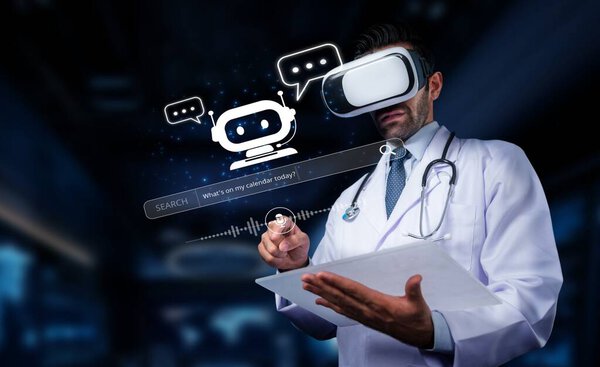Медицинский работник в очках виртуальной реальности взаимодействует с цифровым ассистентом, делая заметки в буфер обмена, подчеркивая эволюцию технологий в здравоохранении. PHMT