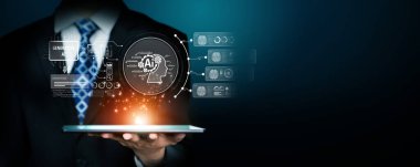 Yapay zeka sanal asistanı Chatbot ile yapay zeka konsepti ile insan etkileşimi, yapay zeka mühendisliği, LLM yapay zeka derin öğrenimi iş desteği için üretken yapay zeka kullanımı. FaaS