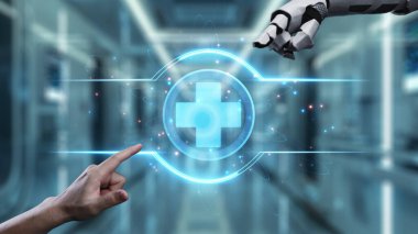Robot ve insan elini uzatıyor ve yüzen tıbbi haç ikonu ile parmağıyla işaret ediyor. Laboratuvar geçmişini işaret ederken robot eller ve insanların birlikte çalışması yakın plan. Sağlıklı..
