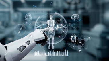 İnsan anatomisini gösteren ve bulanık laboratuvar geçmişine sahip robot el işaretlerini kapat. Robot el, tıbbi verileri teşhis semptomlarına bağlamak için x ray gösterge paneline tıklıyor. Sağlıklı..