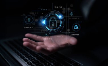 Biyometrik kilit ve veri korumasıyla siber güvenlik sistemi arayüzü. Siber güvenlik erişim, kimlik, siber güvenlik tehditleri önler ve siber güvenlik dijital sistemleri destekler. Latch