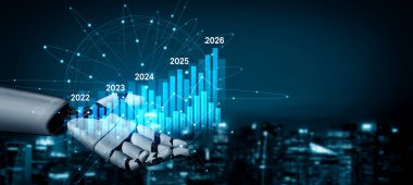 Stratejik planlama ve karar verme kefareti için grafikler ve analizler kullanılarak beş yıl boyunca iş performans eğilimlerinin veri güdümlü projeksiyonunu gösteren yapay zeka tablosu