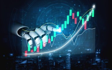 Robotik bir el, modern dijital ortamda teknoloji ve veri analizi arasındaki etkileşimi gösteren yükselen bir mali tabloya işaret ediyor. Etki