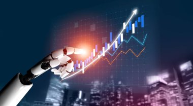 Teknolojik büyüme ve veri analizini sembolize eden, yükselen bir grafiğe dokunmak için uzanan robotik bir elin yer aldığı fütüristik bir sahne. Etki