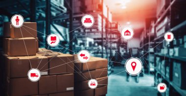 Paket toplama ve teslimatı tanımlamak için teknolojinin yenilikçi interneti olan akıllı depo yönetim sistemi. Gelecekteki tedarik zinciri ve lojistik ağ işi kavramı .