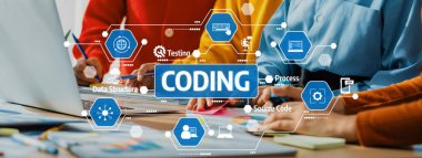 Canlı bir takım kodlama oturumu, veri yapısı, test ve iş akışı sürecinin görselleri ile çevrelenmiş programlama görevlerine katılan kişileri gösteriyor. Dostluk