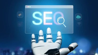 SEO görünürlüğünü geliştirmek için SEO konsepti, SEO ile ilgili dijital araçlar ve SEO performans simgeleri stratejik pazarlama için odaklanmış bir planda gösteriliyor. Muxer