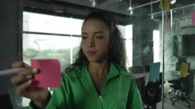 Fikirlerini paylaşmak için cam duvara yapışkan notlar yapıştıran zeki, yetenekli İspanyol menajer. Ofisteki cam tahtada yapışkan notlar kullanarak iş planı yapan profesyonel bir iş kadını. Yönlendirici.