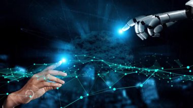 Bir insan eli, yüksek teknolojili bir ortamda robot kola uzanıyor. Ekranlar çeşitli veri ölçümlerini gösteriyor, insan sezgisi ve ileri teknolojinin füzyonunu vurguluyor. Xenic