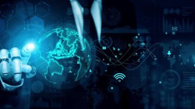 Bir iş adamı, modern bir iş ortamında küresel bağlantı ve yenilikçi veri görselleştirmesi sergileyen dijital bir dünyada gelişmiş teknolojiyle ilgilenir. Xenic