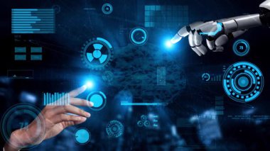 Veri grafikleriyle dolu dijital bir arayüzün üzerinde insan eliyle robot el arasındaki etkileşimi gösteren çarpıcı bir görsel, teknolojinin geleceğini sembolize ediyor. Xenic