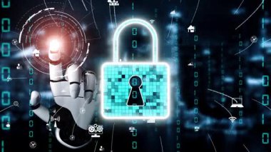 Fütürist dijital kilit, robotik bir el tarafından aktif hale getiriliyor. Çevreleyen simgeler, teknolojideki güvenliği vurgulayarak bağlantı ve veri elemanlarını temsil ediyor. Xenic