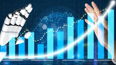 Teknolojinin insan etkileşimiyle birleşmesinin çarpıcı bir görsel temsili, yükselen grafikler ve dijital bilgiler arasında robot bir el ve insan elini vurguluyor. Copula