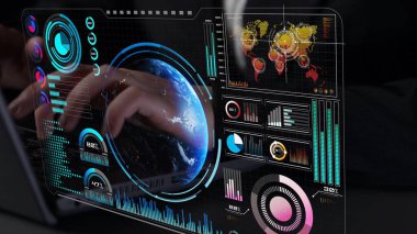 Dünya çapında dijital iletişimi, veri alışverişini ve internet bağlantısını gösteren yüksek teknolojili küresel ağ bağlantı arayüzü. Küresel bağlantı, veri etkileşimi ve dünya çapında iletişim. Thunk