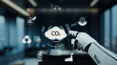 Robot bir el, karbon emisyonlarını, sürdürülebilirlik hedeflerini ve çevresel etkileri vurgulayarak, teknoloji ve ekolojinin kesişimini sembolize ederek sanal ekrana doğru uzanır. Auvana