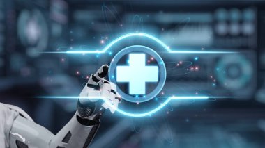 Robotik el işaretini kapat ve bulanık laboratuvar geçmişine sahip çapraz holograma dokun. Tıbbi verilere erişmek ve onları teşhis etmek için robot el tıklaması. Sağlıklı..