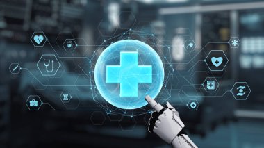 Tıbbi verilere ya da teşhis semptomlarına ulaşmak için robotik el işaretlerini kapatın ve tıbbi çapraz holograma tıklayın. Yapay zeka semptomları analiz ederken robot el çapraz kontrol yapıyor. Sağlıklı..