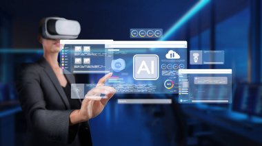 Bir insan, sanal gerçeklik teknolojisi ile gelişmiş bir yapay zeka arayüzüne bağlanır ve modern bir çalışma alanı ortamında dijital etkileşimin geleceğini gösterir. XDMCP