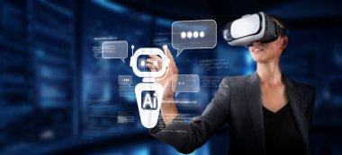 Sanal gerçeklik kulaklığı takan bir kadın yüksek teknolojili bir ortamda yapay zeka sohbet robotuyla takılıyor ve modern otomasyondaki teknoloji ile insan etkileşiminin karışımını gösteriyor. XDMCP