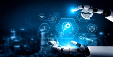 Bilgi, amaç, görev yönetimi ve sistem optimizasyonu ikonları ile yapay zeka veya insan güdümlü beceri edinme ve eğitim