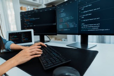 Bilgisayarda kodlama programı veri web sitesi uygulaması ile bilgi yazarken, kot gömlek giyip güvenlik analizi yaparken görüntülenmiş bir IT geliştiricisi görüntüsü. Taktik.