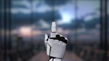 Gelecekçi bir robot eli, iklim değişikliği ve sürdürülebilir uygulamalar için yenilikçi çözümleri temsil eden modern bir ofiste dijital çevre dostu ikonlar ile etkileşim halindedir. Auvana