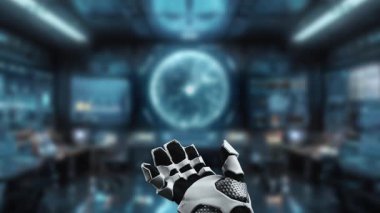 Gösterişli bir robot el modern yüksek teknoloji ortamında parlayan dijital bir kontrol işaretine doğru uzanır, yenilik, doğrulama ve teknolojik gelişmeyi sembolize eder. Auvana