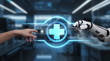 Robot ve insan elini uzatıyor ve yüzen tıbbi haç ikonu ile parmağıyla işaret ediyor. Laboratuvar geçmişini işaret ederken robot eller ve insanların birlikte çalışması yakın plan. Sağlıklı..