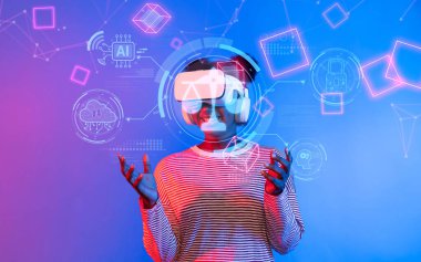 Bir insan sanal gerçekliği yapay zekanın, dijital yönetimin ve siber güvenliğin etik etkilerini düşünürken tecrübe eder. XDMCP