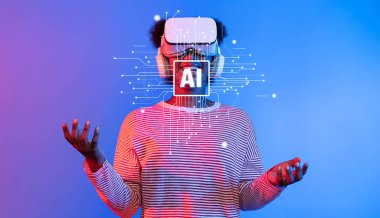 Bir insan sanal gerçeklik deneyimine dalmış, yapay zeka teknolojisi görselleriyle meşgul, insan etkileşimi ve dijital yeniliğin kesişimini temsil ediyor. XDMCP