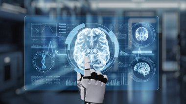 Tıbbi verilere ya da teşhis semptomlarına erişmek için robot ellerle beyin hologramına tıklayın. Yapay zeka semptomları analiz ederken beyin anatomisini kontrol eden robot el. Sağlıklı..