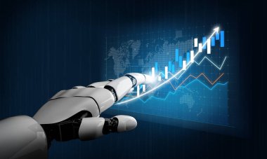 Fütürist bir robot el, yükselen eğilimleri ve veri analizlerini gösteren dijital bir grafiğe işaret ederek, finans alanındaki yeniliği ve teknolojik ilerlemeyi sembolize ediyor. Etki