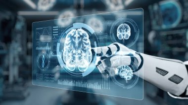Bulanık laboratuvar arka planına sahip beyin hologramına robotik el gösterimi yap ve tıkla. Tıbbi verilere erişmek ve onları teşhis etmek için robot el beyin ikonuna tıklıyor. Sağlıklı..