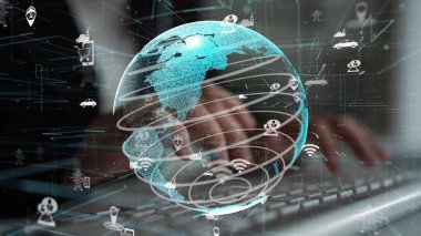 Modern bir çalışma alanı zeminine karşı sanal bir dünya, ağ etkileşimleri ve yenilikçi teknolojinin yer aldığı küresel bağlantının dijital bir temsili. Xenic