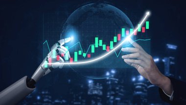 Bir robotik el, insan eliyle bir borsa grafiğinin üzerinde etkileşim kurmak için uzanıyor. Arka planda, yenilik ve finans alanında işbirliğini sembolize eden parıldayan bir şehir manzarası yer alıyor. Etki