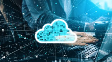 Modern bir çalışma ortamında veri transferi ve iş verimliliğini temsil eden, dijital elementlerle bulut hesaplamasının soyut çizimi. Xenic