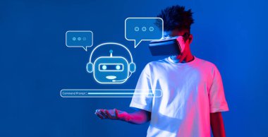 Sanal gerçeklikteki genç bir insan, canlı bir dijital ortamda teknoloji ve iletişimin yenilikçi kesişimlerini gösteren bir yapay zeka sohbet robotunu keşfediyor. XDMCP