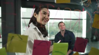 Genç kendine güvenen iş kadını projeyi uzman yatırımcıya sundu. Profesyonel proje yöneticisi başlangıç projesini açıklamak için yapışkan notlar kullanır, beyin fırtınası fikirlerini yatırımcıya paylaşır. Yönlendirici.