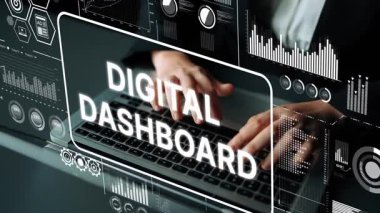 Eller klavyede dijital gösterge paneli ve veri analizi grafikleriyle modern çalışma ortamında yazı yazıyor. Asemptotik akıllı veri analitiği.