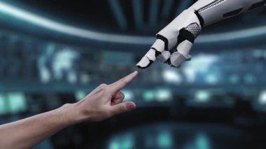 Modern teknoloji ortamında insan ve robot elementler arasındaki etkileşimi vurgulayan yapay zeka sohbet robotu içeren büyüleyici bir dijital arayüz. Auvana